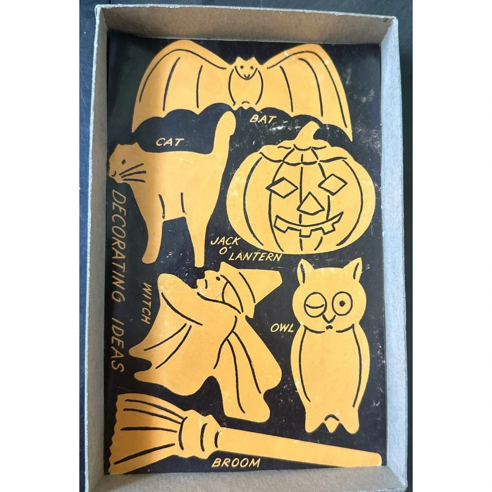 Vintage Trick or Treat Set of 6 Metal Halloween Cooky Cookie Cutters with Box